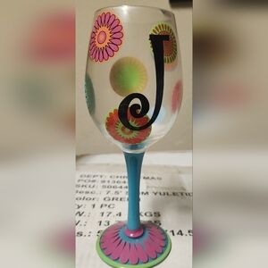 Colorful Floral Wine Glass With J Initial